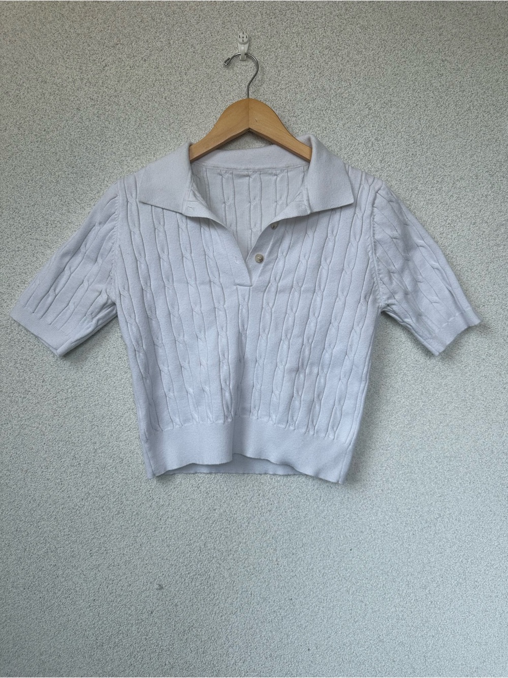 White Cable Knit Crop Polo Top | Open Collar Button Placket | Short Sleeve | S/M